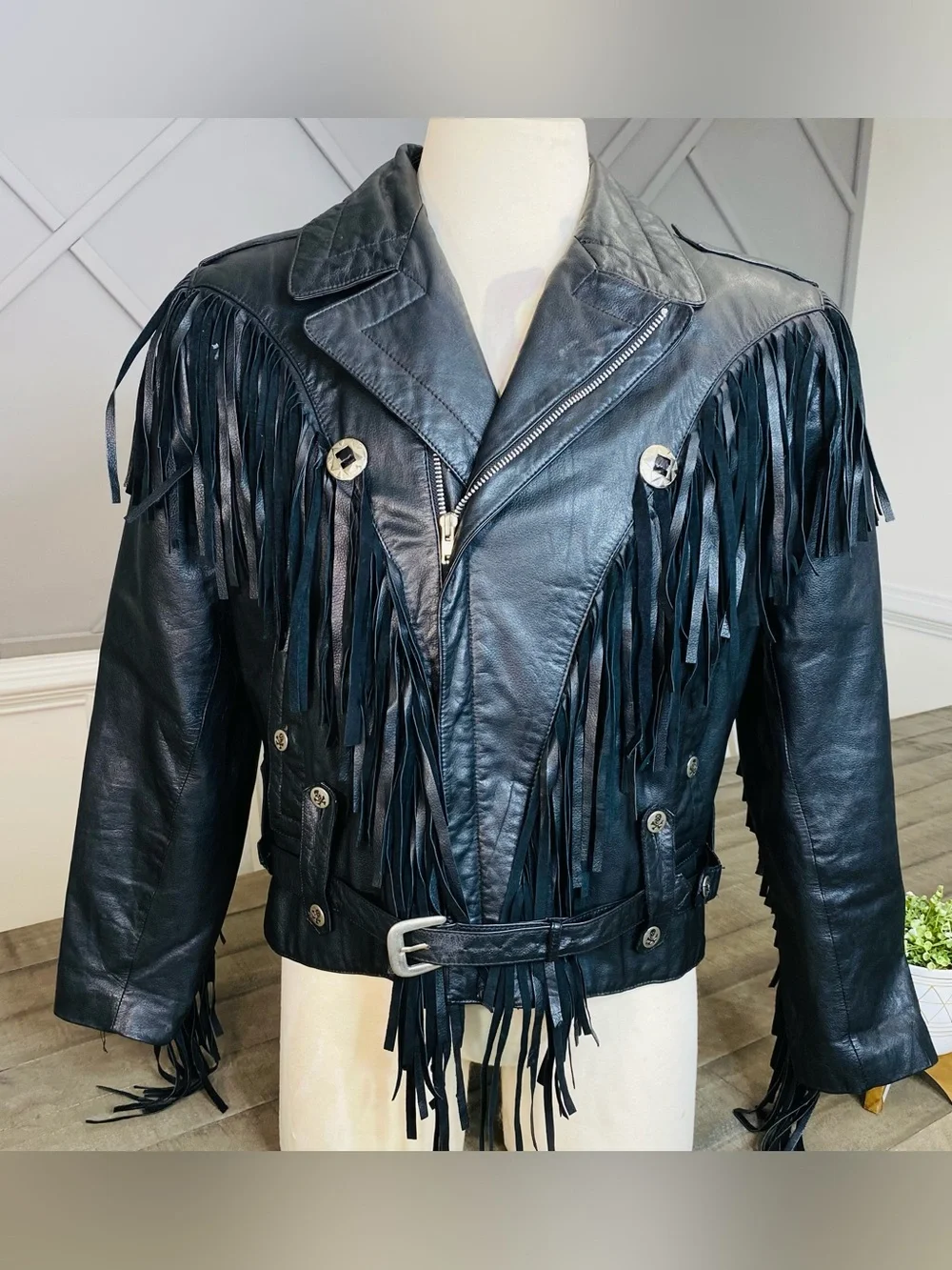 Vintage Leather Warehouse Black Fringe Moto Jacket Belted Western Rock Sz 44